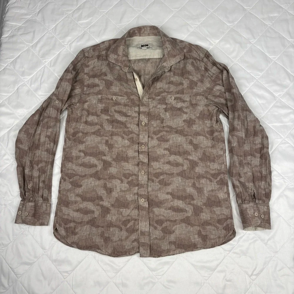 Joseph Abboud 100% Linen Camo Button Up Shirt Men's Large Brown Roll Tab Casual